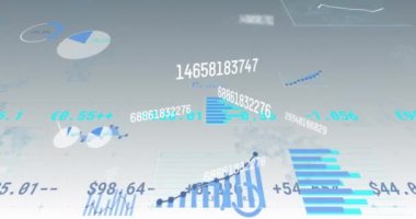 Değişen sayıların animasyonu ve gri gradyan arkaplana karşı istatistiksel veri işleme. Bilgisayar arayüzü ve iş veri teknolojisi kavramı