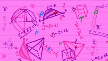 Matematiksel denklemlerin üzerinde yüzen alfabelerin animasyonu beyaz çizgili pembe arka planda. Okul ve eğitim kavramı