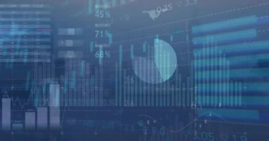 Şehir manzarasının havadan görüntüsüne karşı istatistiksel ve borsa veri işleme animasyonu. Küresel ekonomi ve iş veri teknolojisi kavramı
