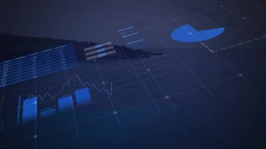 Dağlar ve denizlerle manzarayı karşılaştırmak için istatistiksel veri işleme animasyonu. Bilgisayar arayüzü ve iş veri teknolojisi kavramı