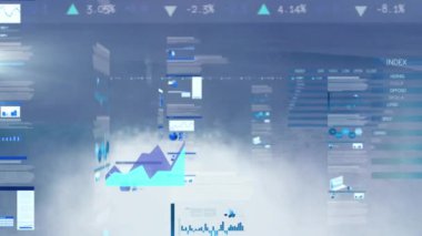 Deniz dalgalarının havadan görüntüsüne karşı istatistiksel veri işleme animasyonu. Bilgisayar arayüzü ve iş veri teknolojisi kavramı