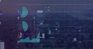İstatistiksel veri işleme şebekesi üzerinden şehir manzarasının hava görüntüsüne karşı animasyon. Bilgisayar arayüzü ve iş veri teknolojisi kavramı