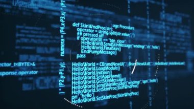 Mavi zemin üzerinde dönen beyaz parçacıkların animasyonu ve veri işlemesi. Bilgisayar arayüzü ve iş teknolojisi kavramı