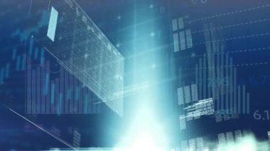 Veri işleme ile arayüzün animasyonu ve mavi arkaplan ile ışık noktaları. Bilgisayar arayüzü ve iş veri teknolojisi kavramı