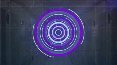 Neon yuvarlak tarayıcının animasyonu, bağlantı ağı ve sunucu odasına karşı veri işleme. Bilgisayar arayüzü ve iş veri depolama teknolojisi kavramı