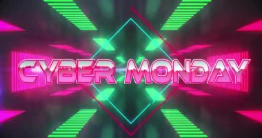 Pazartesi siber metninin neon ışıkları üzerinde animasyonu. Küresel satış, iletişim, bilgisayar ve veri işleme kavramı dijital olarak oluşturulmuş video.