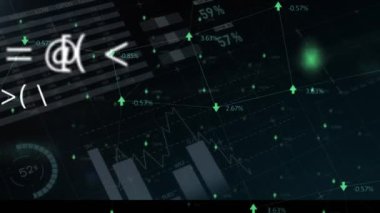 Siyah arkaplana karşı çoklu değişen semboller ve istatistiksel veri işleme animasyonu. Bilgisayar arayüzü ve iş veri teknolojisi kavramı