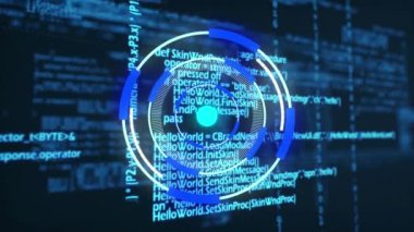 Animation of neon round scanner and data processing against blue background. Computer interface and business technology concept