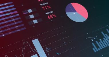 Gradyan arkaplana karşı istatistiksel veri işleme animasyonu. Bilgisayar arayüzü ve iş veri teknolojisi kavramı