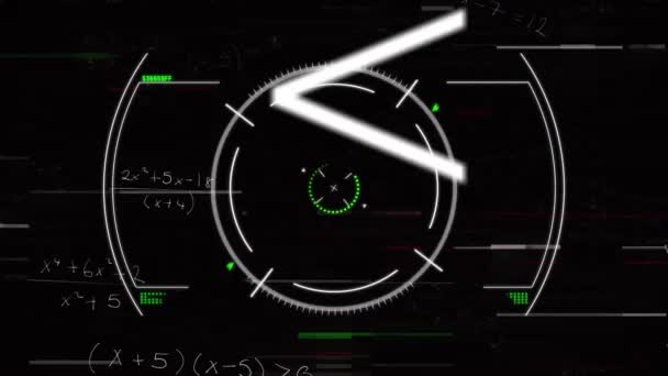 Animatie Van Scope Scanning Wiskundige Vergelijkingen Symbolen Tegen Zwarte Achtergrond — Stockvideo