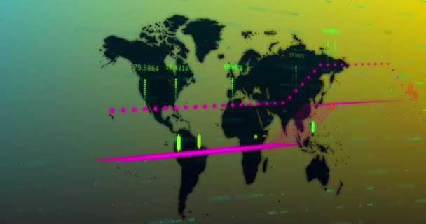 Animacja Przetwarzania Danych Finansowych Mapie Świata Tle Gradientu Koncepcja Globalnego — Wideo stockowe