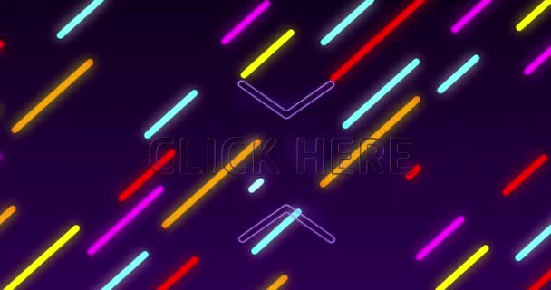 Animation Click Here Neon Text Neon Tripes Purple Background Social — Stock Video