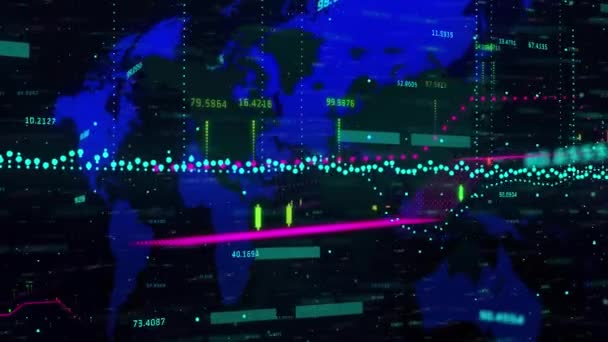 Animation Financial Data Processing World Map Black Background Global Finance — Stock Video