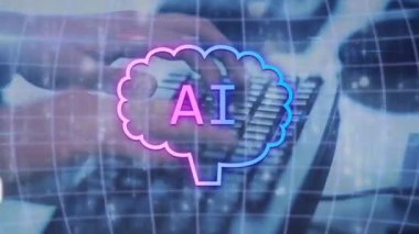 Ai metninin animasyonu, ikonlar ve veri işleme bilgisayarı kullanan beyaz adam üzerinde. Dijital olarak oluşturulmuş küresel yapay zeka, veri işleme, bilgisayar ve dijital arayüz kavramı.