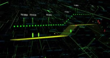 Devre kartından finansal veri işleme animasyonu. Küresel iş, finans, hesaplama ve veri işleme kavramı dijital olarak oluşturulmuş video.