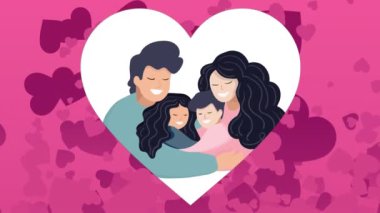 Çift, çocuk ve pembe arka planda kalpleri olan aile ikonunun canlandırması. Sevgi ve kutlama konsepti dijital olarak oluşturulmuş video.