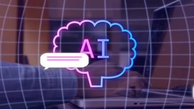 Dizüstü bilgisayar kullanan Afro-Amerikan erkeğinin animasyonu, ikonu ve verisi. Dijital olarak oluşturulmuş küresel yapay zeka, veri işleme, bilgisayar ve dijital arayüz kavramı.