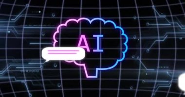 Devre kartı üzerinde ai metin, simgeler ve veri işleme animasyonları. Dijital olarak oluşturulmuş küresel yapay zeka, veri işleme, bilgisayar ve dijital arayüz kavramı.