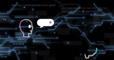 Devre kartı üzerinde ai metin, simgeler ve veri işleme animasyonları. Dijital olarak oluşturulmuş küresel yapay zeka, veri işleme, bilgisayar ve dijital arayüz kavramı.