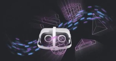 VR kulaklıkların 3 boyutlu şekiller ve ışık yollarının animasyonu. Küresel video gerçekliği, hesaplama, dijital arayüz ve veri işleme kavramı dijital olarak oluşturuldu.