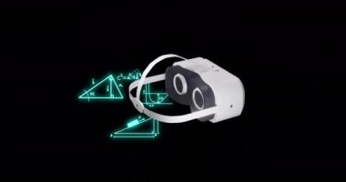Matematiksel veri işleme üzerine vr kulaklığın animasyonu. Küresel video gerçekliği, hesaplama, dijital arayüz ve veri işleme kavramı dijital olarak oluşturuldu.