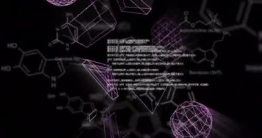 Bilimsel veri işleme üzerinde hareket eden 3D şekillerin animasyonu. Küresel video gerçekliği, hesaplama, dijital arayüz ve veri işleme kavramı dijital olarak oluşturuldu.
