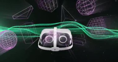 VR kulaklıkların 3 boyutlu şekiller ve ışık yollarının animasyonu. Küresel video gerçekliği, hesaplama, dijital arayüz ve veri işleme kavramı dijital olarak oluşturuldu.