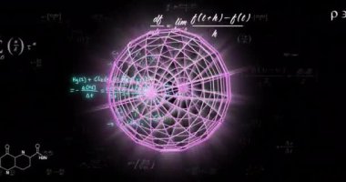 Matematiksel veri işleme üzerinde hareket eden 3D şekillerin animasyonu. Küresel video gerçekliği, hesaplama, dijital arayüz ve veri işleme kavramı dijital olarak oluşturuldu.