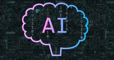 Devre kartı üzerinde ai metin, simgeler ve veri işleme animasyonları. Dijital olarak oluşturulmuş küresel yapay zeka, veri işleme, bilgisayar ve dijital arayüz kavramı.