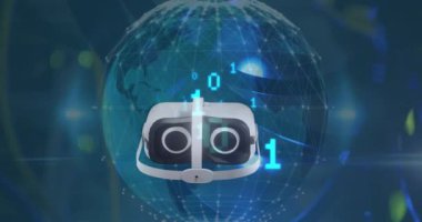 VR kulaklığın dünya üzerindeki animasyonu ve ikili kodlama veri işlemesi. Küresel video gerçekliği, hesaplama, dijital arayüz ve veri işleme kavramı dijital olarak oluşturuldu.