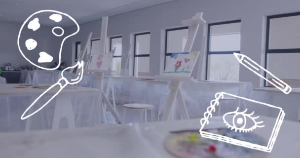 Animação Paleta Pincel Lápis Caderno Esboços Sobre Pinturas Cavaletes Sala — Vídeo de Stock