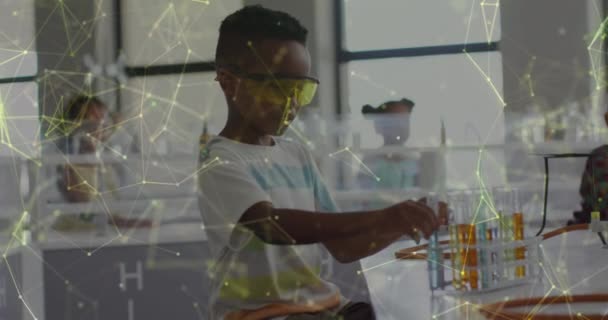 Animation Networks Moving Happy African American Schoolboy Working Chemistry Class — Stock Video