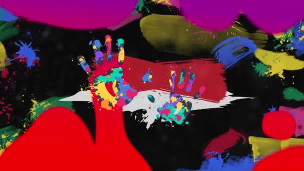 Animáció Többszínű Kéznyomatok Felett Fröccsenő Festék Fekete Háttér Oktatás Tanulás — Stock videók