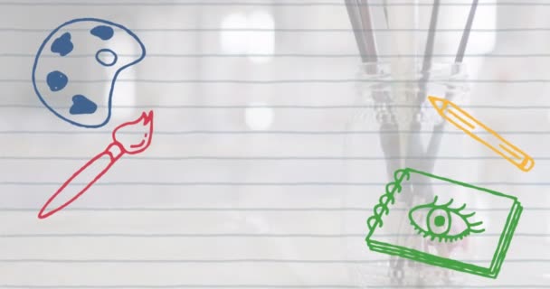 Animation Bunter Kunstsymbole Über Pinsel Glas Und Staffeleien Kunstunterricht Schule — Stockvideo