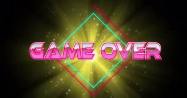 Neon elmaslar ve ışıldayan noktalar üzerinden oyun animasyonu. Küresel video oyunu, iletişim, dijital arayüz ve dijital olarak oluşturulmuş veri işleme kavramı.