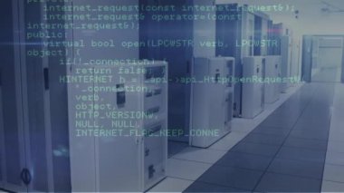 Animation of data processing against computer server room. Computer interface and business data storage technology concept