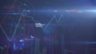 İstatistiksel veri işleme ve dünya haritasında mavi arkaplan ile ışık noktasının animasyonu. Küresel ağ ve iş veri teknolojisi kavramı