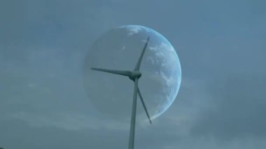 Rüzgar türbini ve dünya üzerinde finansal veri işleme animasyonu. Küresel rüzgar enerjisi, çevre, iş dünyası, finans, hesaplama ve veri işleme kavramı dijital olarak oluşturulmuş video.