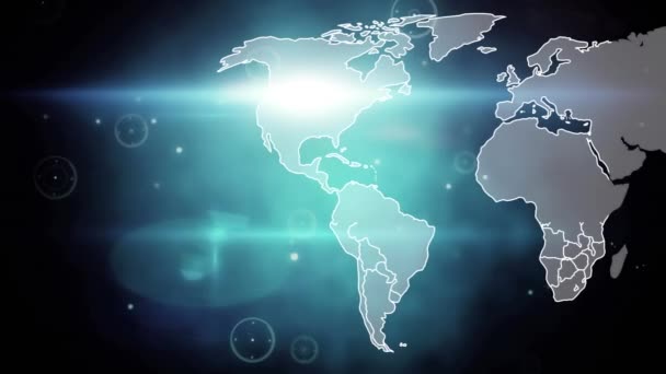 Animation Network Connections Blue Light Trails World Map Black Background — Stock Video