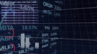 Mavi arka planda istatistiksel, finansal ve borsa veri işleme animasyonları. Küresel ekonomi ve iş veri teknolojisi kavramı