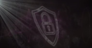 Gri arkaplandaki dijital dalgaların üzerinde ışık noktası ve güvenlik asma kilidi simgesi animasyonu. Siber güvenlik ve iş teknolojisi kavramı