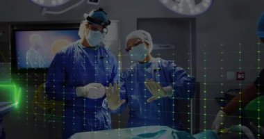 Ameliyattan önce çeşitli erkek ve kadın cerrahlara karşı kalp atış hızı monitörü animasyonu. Tıbbi sağlık teknolojisi kavramı