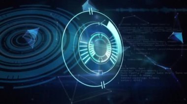 Siyah zemin üzerindeki plexus ağlarına karşı neon yuvarlak tarayıcı ve veri işleme animasyonu. Bilgisayar arayüzü ve iş teknolojisi kavramı