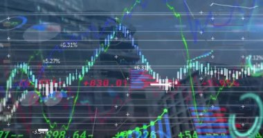 Yüksek binaların görünümüne karşı borsa, mali ve istatistiksel veri işleme animasyonları. Küresel finans ve iş veri teknolojisi kavramı