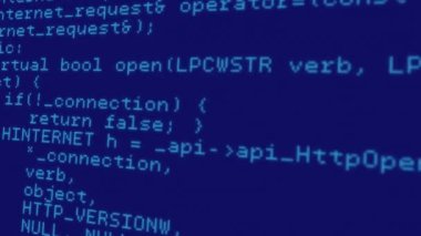 Mavi arka planda veri işleme animasyonu. Küresel iş verileri ve bilgisayar arayüzü teknolojisi kavramı
