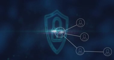 Mavi arkaplanda güvenlik kilidi simgesi üzerine profil simgelerinin canlandırılması. Siber güvenlik ve iş teknolojisi kavramı