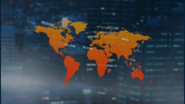 Dünya haritası üzerinde veri işleme animasyonunun şehir manzarasının havadan görüntüsü ile karşılaştırılması. Küresel ağ ve iş veri teknolojisi kavramı