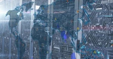 Bilgisayar sunucuları üzerinden veri işleme animasyonu. Küresel bulut hesaplama, bağlantılar, iletişim, dijital arayüz ve dijital olarak oluşturulmuş video işleme kavramı.