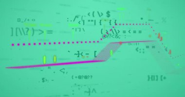Yeşil arkaplan üzerinde rakamların ve finansal veri işleme animasyonları. Küresel iş, bağlantılar, iletişim, dijital arayüz ve dijital olarak oluşturulmuş video işleme kavramı.