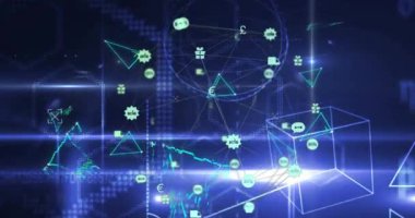 Dijital simgelerin ve geometrik şekillerin mavi arkaplandaki ışık noktalarıyla animasyonu. Küresel ağ ve iş teknolojisi kavramı